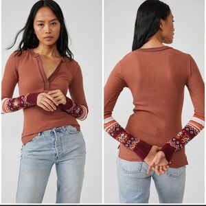 Free People Mikah Notch Neck Top Thermal Fair Isle Sleeves Autumn Combo